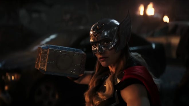 Still from Love and Thunder trailer of Natalie Portman as Jane Foster/The Mighty Thor