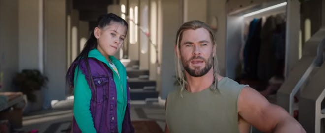 Thor (Chris Hemsworth) and Love (India Rose Hemsworth) from Thor: Love and Thunder