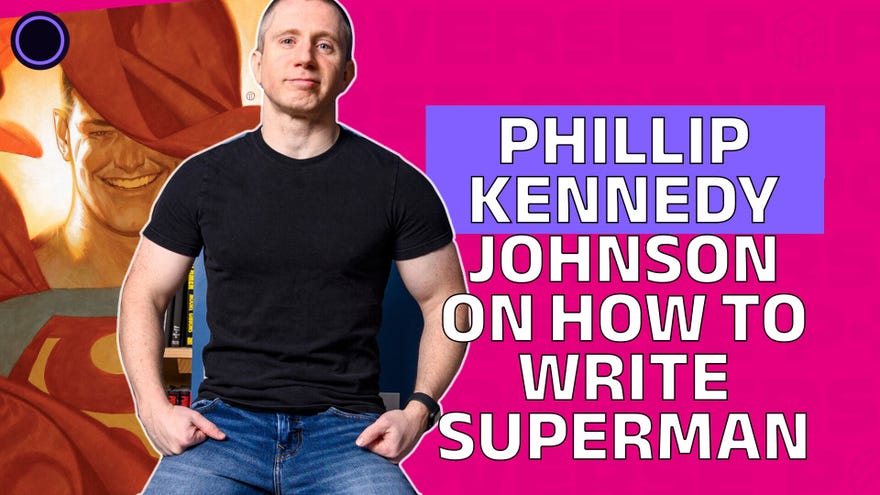 Pink and purple graphic that shows Phillip Kennedy Johnson and reads "Phillip Kennedy Johnson on how to write superman"