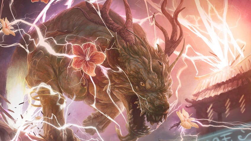 Card art for Magic: The Gathering's Thundering Raiju from Kamigawa: Neon Dynasty. A dragon-esque creature with antlers flies amid blooming flowers and orange lightning.
