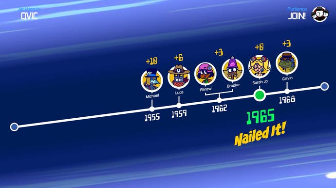 Jackbox Party Pack 10 screenshot showing TimeJynx, a mini-game where you guess numerical answers. The image shows a selection of dates organised on a timeline, with one answer highlighted as correct.