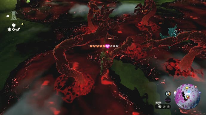 Link被阴暗之手的敌人包围，这些敌人正在攻击玩家并吞噬生命条。
