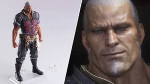 A split image of the Play Arts Kai figure of Hugo Kupka and a close-up of his face, looking ever-so-slightly perturbed.