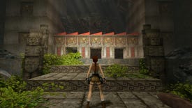 Lara stands in front of a temple inside a cave in the original Tomb Raider, with fancier updated graphics