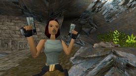 An angry Lara Croft holds up two guns next to a dead wolf in a cave in the original Tomb Raider