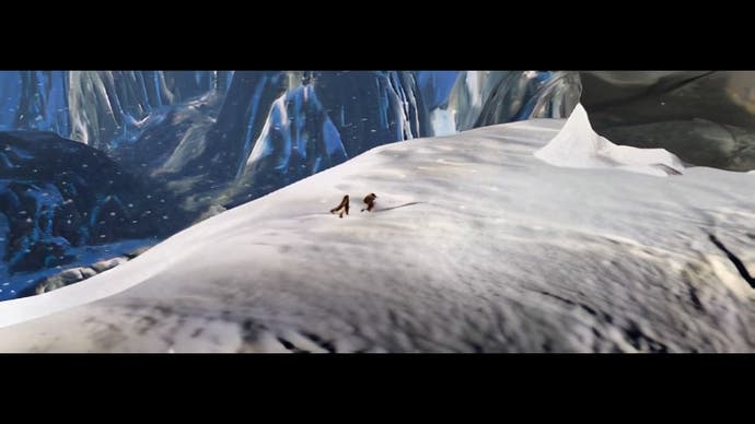 A party of adventurers cross a snowy mountain in the screen from Tomb Raider Remastered