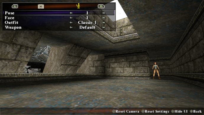 Lara poses in a tomb in this view of Photo Mode from Tomb Raider Remastered