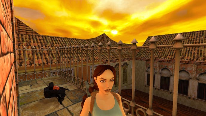 Lara in front of a Venice sunset in this screen from Tomb Raider Remastered