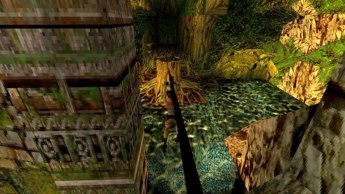 在《古墓丽影：重制版》的屏幕中，劳拉沿着丛林滑索导航