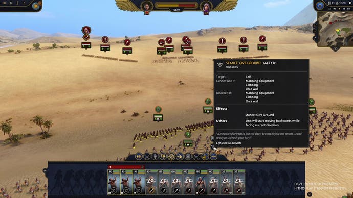 Total War Pharaoh preview - screenshot showing distant enemy units approaching mine in the foreground on a sand dune, with UI tooltip showing the fall back stance option