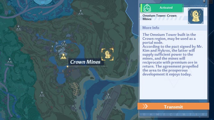 Tower Fantasy Screenshot nuduhake lokasi Mahkota Mines Mines Mines, kanthi panandha ngubengi kothak emas