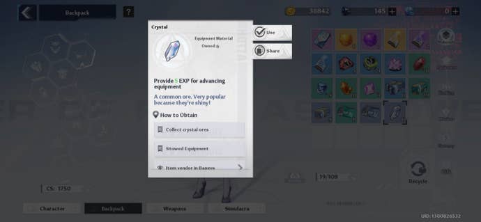 The description for Crystals in Tower of Fantasy is shown.