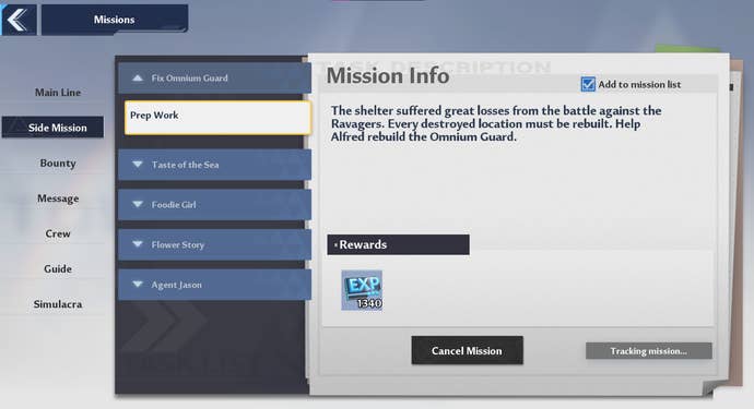 The Prep Work side mission in Tower of Fantasy, that needs you to gather crystals, is shown.