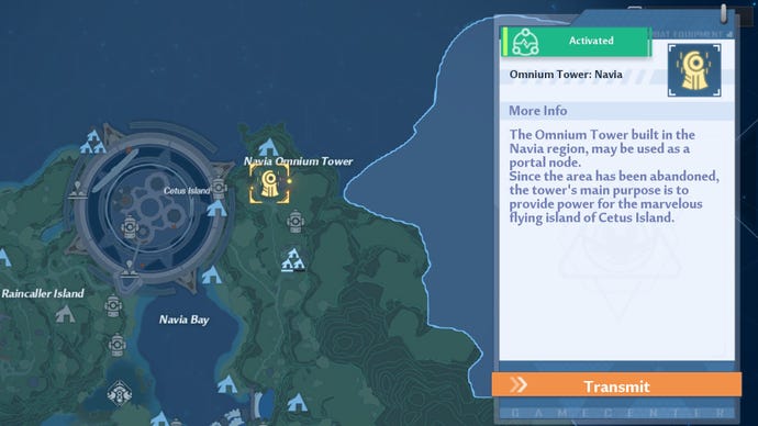 Tower Fantasy Screenshot nuduhake lokasi Menara NAVIA OMIGIA sing ditandhani dening kothak emas