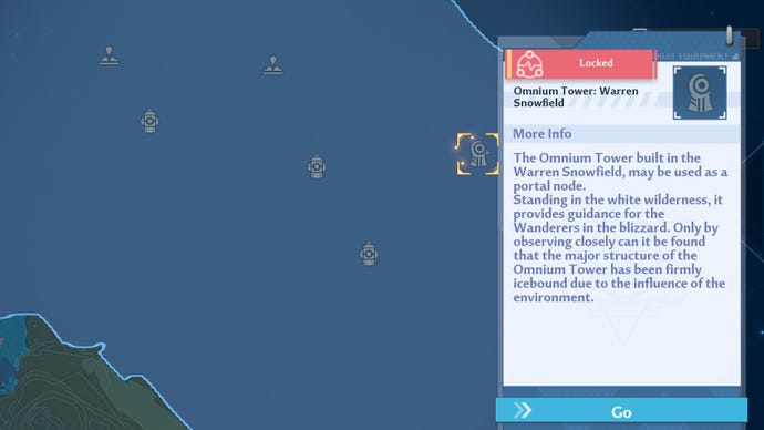 Tower of Fantasy zrzut ekranu pokazujący zadaszoną mapę Warrena Snowfields, z lokalizacją wieży Omnium oznaczonej złotą pudełkiem