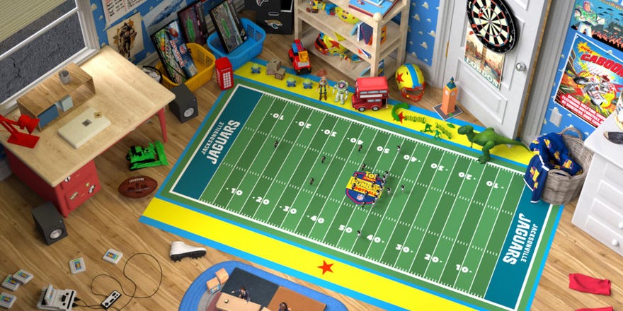 An aerial view of Andy's room set up during the NFL broadcast