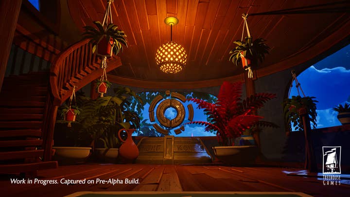 An interior setting of a wooden home with a spiral staircase, a stone circular object on what might be an altar in the middle of the room, and wide openings to see the island outside the building