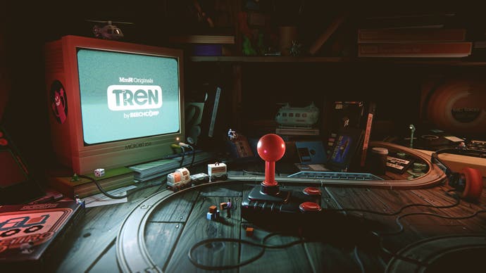 Tren's intro screen - Tren sets off on a track into darkness.