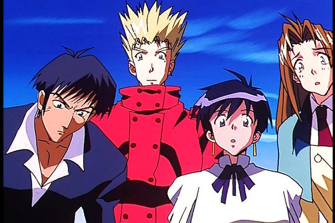 Animation stil featuring four characters looking downwards with wide eyes