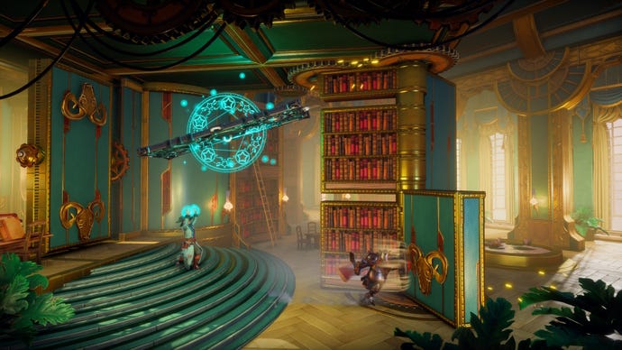 A knight and a wizard navigate a library in Trine 5: A Clockwork Conspiracy
