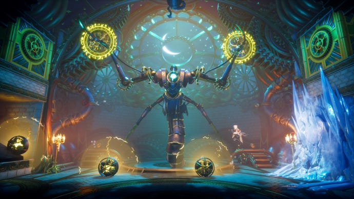 A large mechanical robot fights a knight and a wizard in Trine 5: A Clockwork Conspiracy
