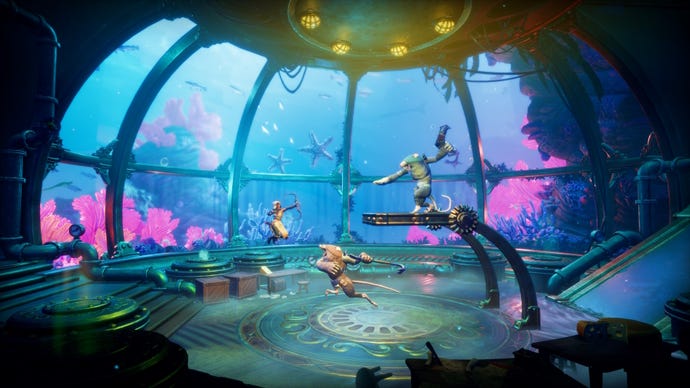 Heroes do battle with clockwork robots in an underwater viewing chamber in Trine 5: A Clockwork Conspiracy
