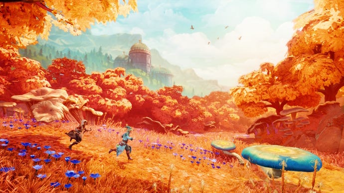 A thief and a wizard run across a vivid red fantasy landscape in Trine 5: A Clockwork Conspiracy