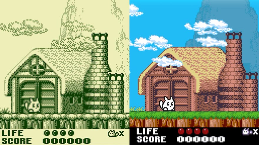 Split image comparing the original Trip World on the left, and colourised Trip World DX on the right