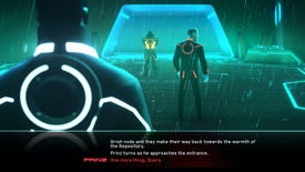 Screenshot from Tron: Identiy showing three shadowy figures outside in the rain with a text box on the bottom of the screen