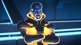 A gruff man in a luminous yellow jacket from Tron: Identity