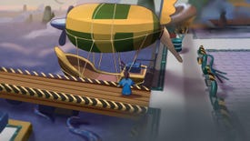 Alien guy with a ponytail looks up at a blimp ship thingy in a screenshot from Twinsen's Little Big Adventure 2