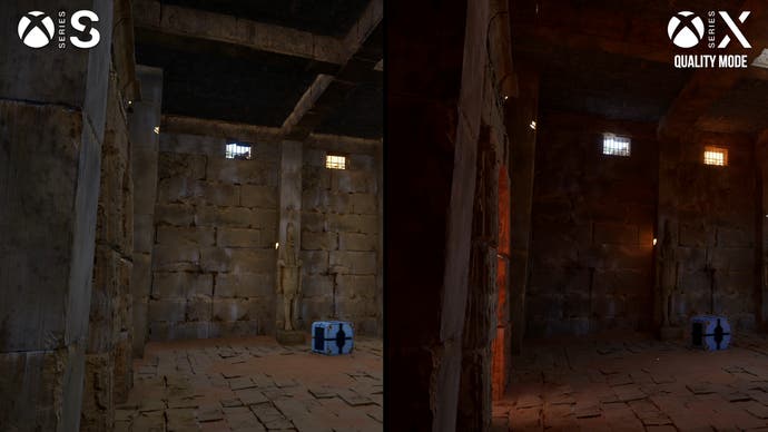 comparison between the talos principle 2 running on xbox series x and series s, with s having much simpler indirect lighting