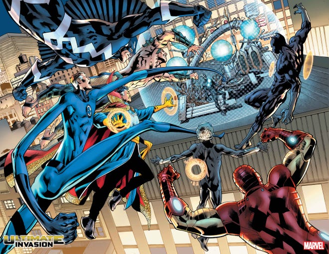 Promotional image from Ultimate invasion featuring the Fantastic Four, Black Panther, Black Bolt, and Iron Man