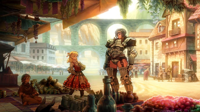 اسکرین شات از Unicorn Overlord که اسکارلت را در حال برخورد با یک زن بلندقد در شهری شنی نشان می دهد.