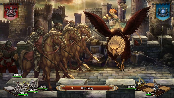 در تصویری از Unicorn Overlord، یک سوار گریفون، تبر را به سمت دشمنان می‌چرخاند.
