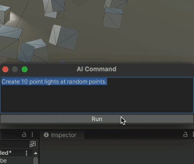 A gif showing AI natural language prompts for Unity engine in action as lighting is adjusted according to the text