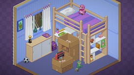 A child's bedroom filled with cardboard boxes. One of the boxes is open and toys and nik-naks are placed in the room in Unpacking