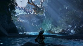 A dragon hovers above water at the end of a cave in Unreal Engine For Fortnite