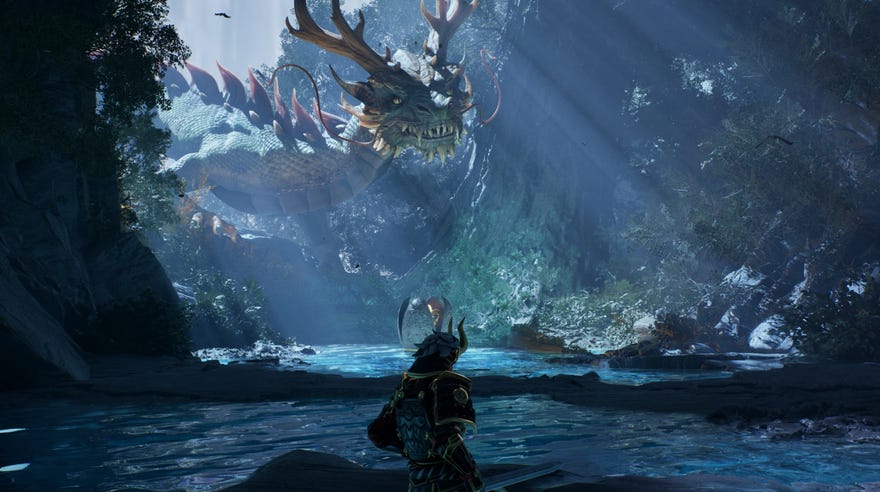 A dragon hovers above water at the end of a cave in Unreal Engine For Fortnite