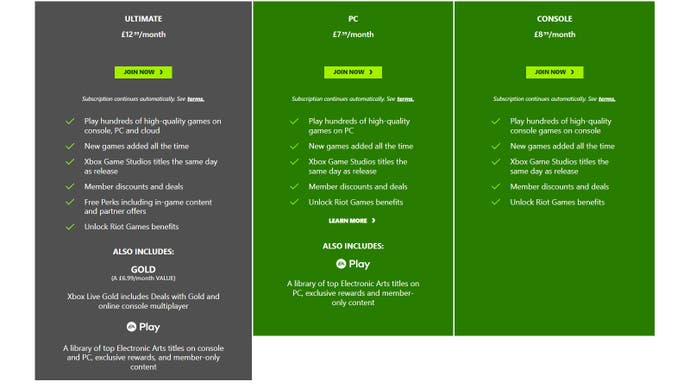 Microsoft's Xbox Game Pass pricing tiers. No free trial option.
