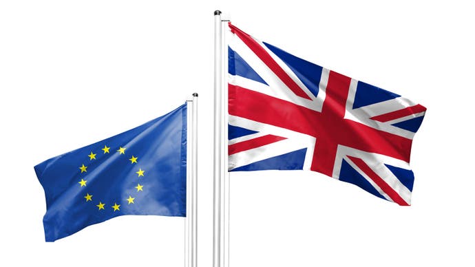 UK and EU flags.