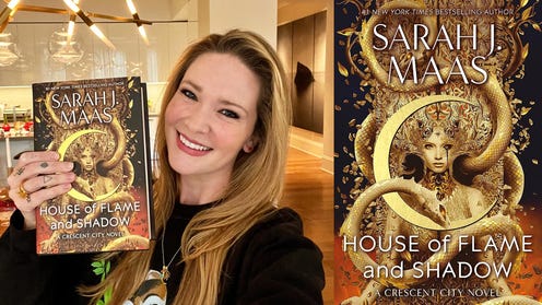 Photograph of Sarah J Mass holding book next to book cover
