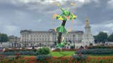 Mega Rayquaza floats outside Buckingham Palace.