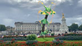 Mega Rayquaza floats outside Buckingham Palace.