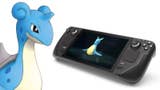 The Pokémon Lapras looks on at the Pal Kelpsea on a Steamdeck.
