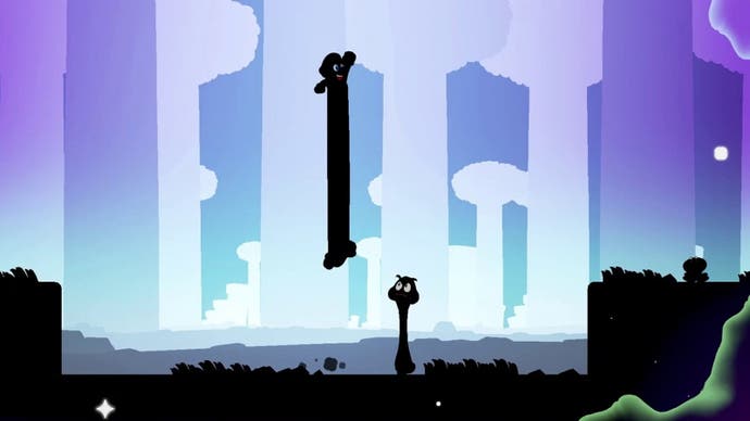 An image from Super Mario Bros. Wonder showing an elongated Mario in silhouette.