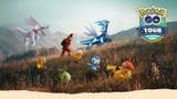 Pokémon Go Tour Sinnoh artwork feature Dialga, Palkia and other creatures on a sunlit hillside.