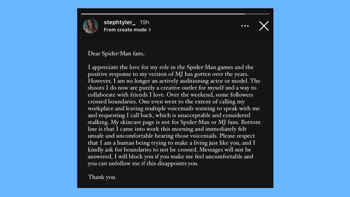 A statement from the face model of Mary Jane in Marvel's Spider-Man games calling out fans for their behaviour.