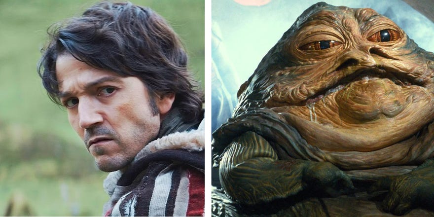 Photograph of Diego Luna as Cassian Andor next to an image of Jabba the hutt