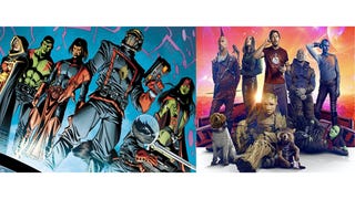 Compiled image with comic book Guardians on the left and movie Guardians on the right